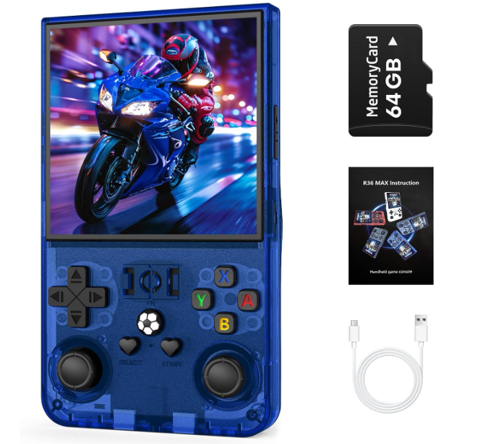 The R36MAX is a retro handheld game console with a 4.0-inch IPS screen and a Linux operating system.